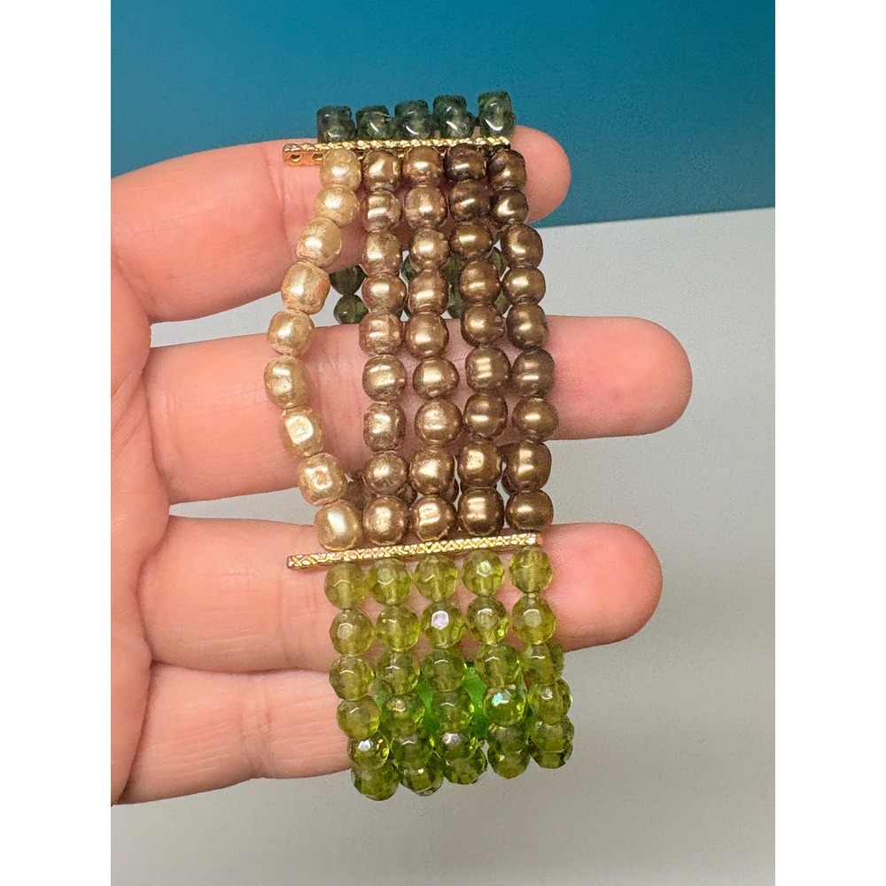 Multi Strand Stretch Bracelet Lime Green Crystal Bronze‎ Pearl Gold Tone